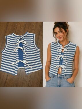 MUSERA Blue White Striped Tie Front Knit Vest M Sleeveless Coastal Cottagecore